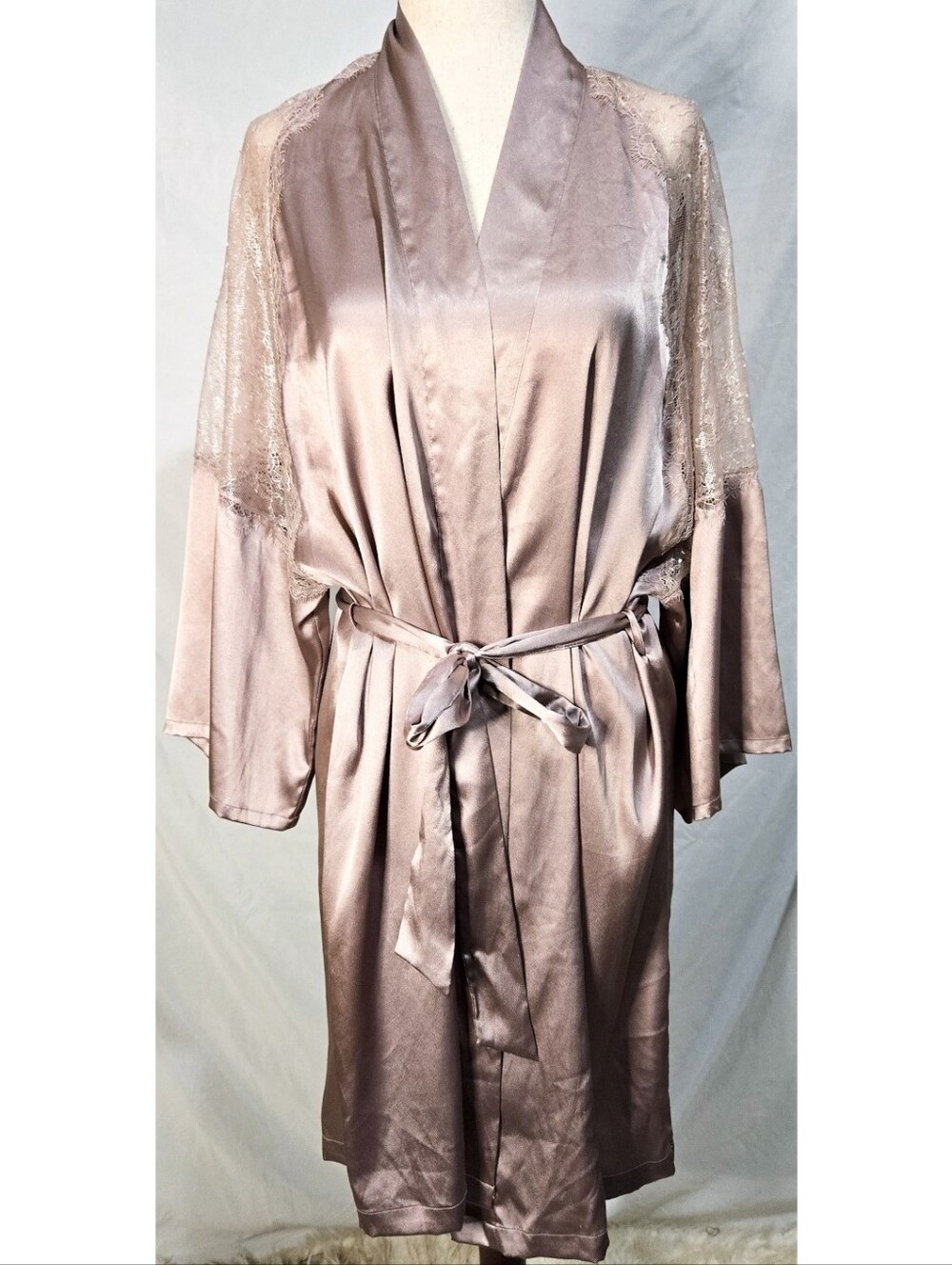 Victoria's Secret Champagne Satin Robe Rose Gold Lace Belted Lingerie